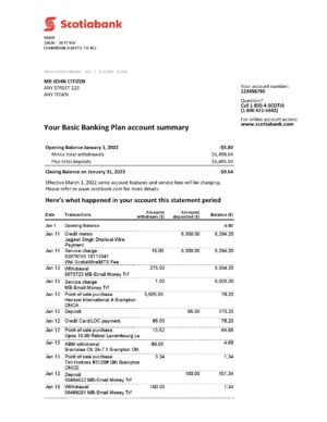 Australia Editable Template 11 Australia Scotiabank bank statement, Word and PDF template, 2 pages