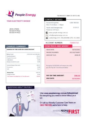 Australia People Energy electricity utility bill template in Word and PDF format