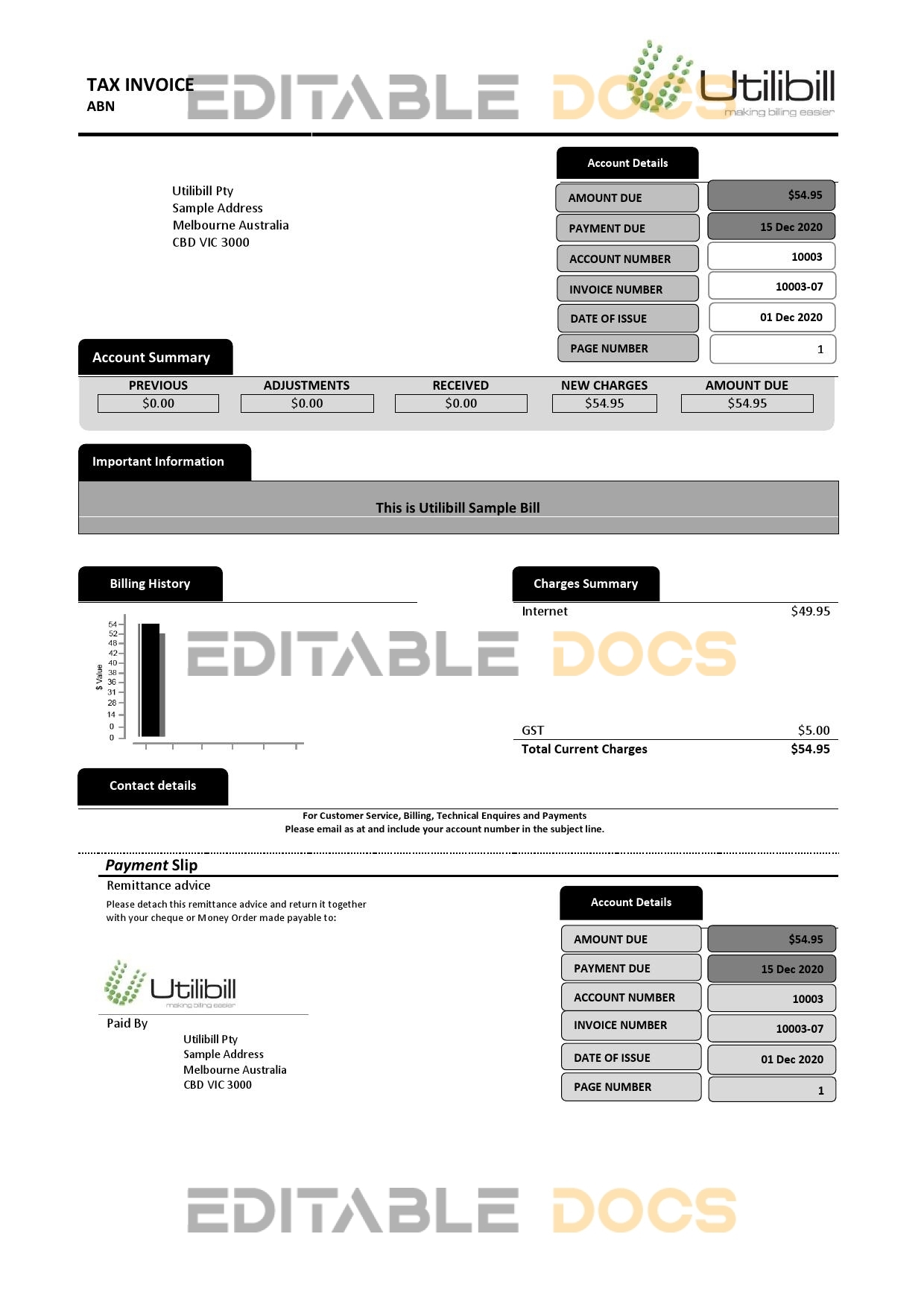 Australia Utilibill easy to fill template in Word and PDF format (.doc and .pdf)