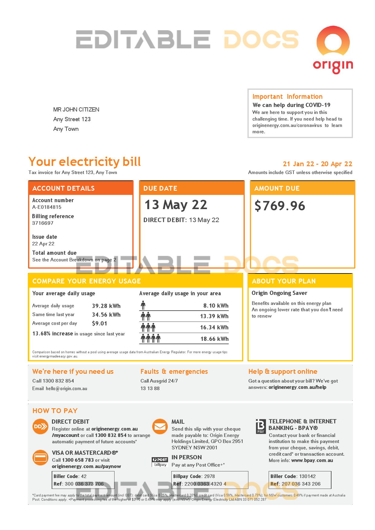 Australia Origin utility bill, Word and PDF template, 4 pages