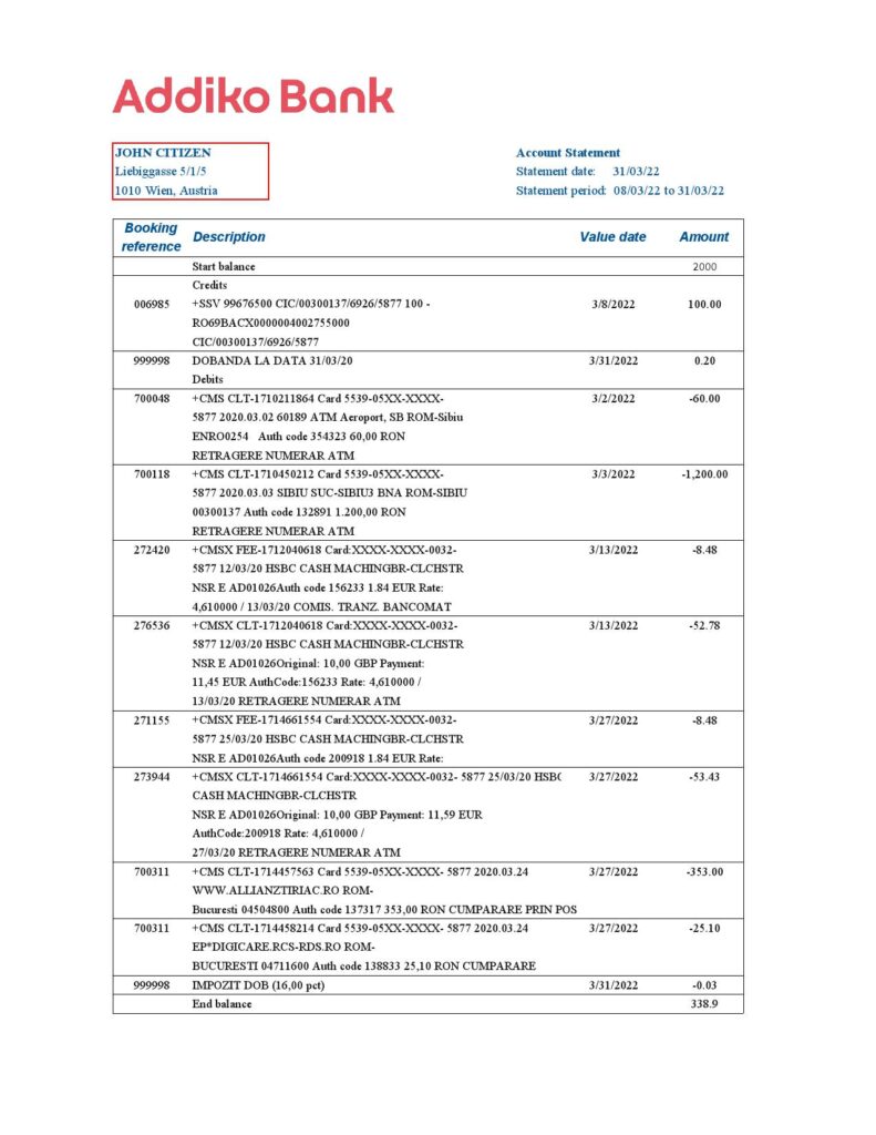 Austria Addiko bank statement template in Excel and PDF format
