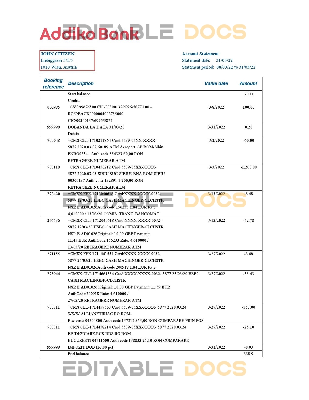 Austria Addiko bank statement template in Excel and PDF format