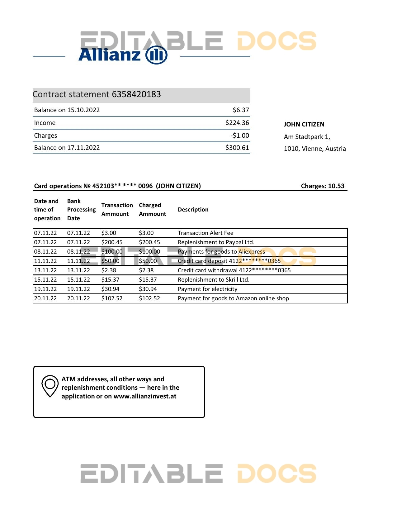 Austria Allianz Investment bank statement template in Excel and PDF format