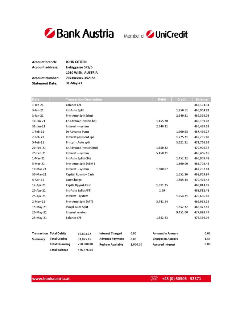 Austria Bank Austria bank statement easy to fill template in Excel and PDF format