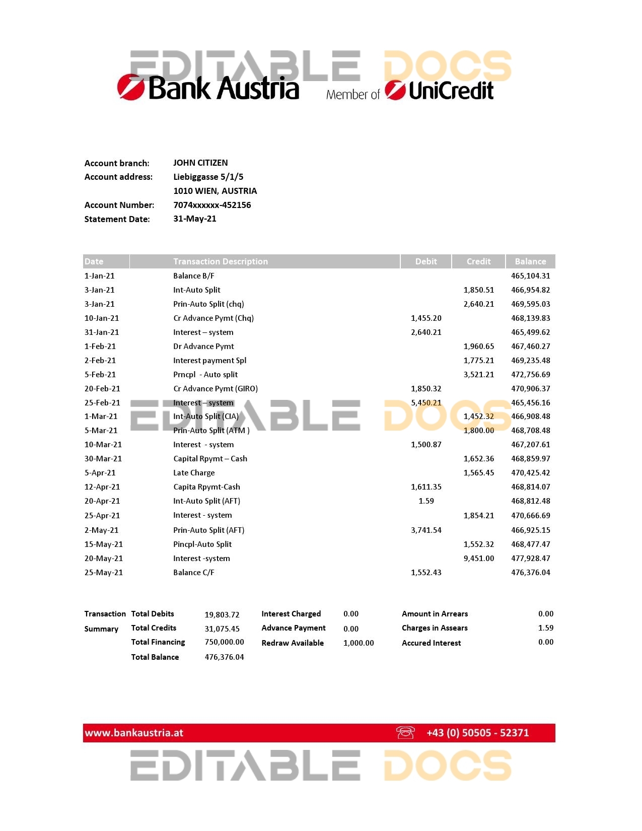 Austria Bank Austria bank statement easy to fill template in Excel and PDF format