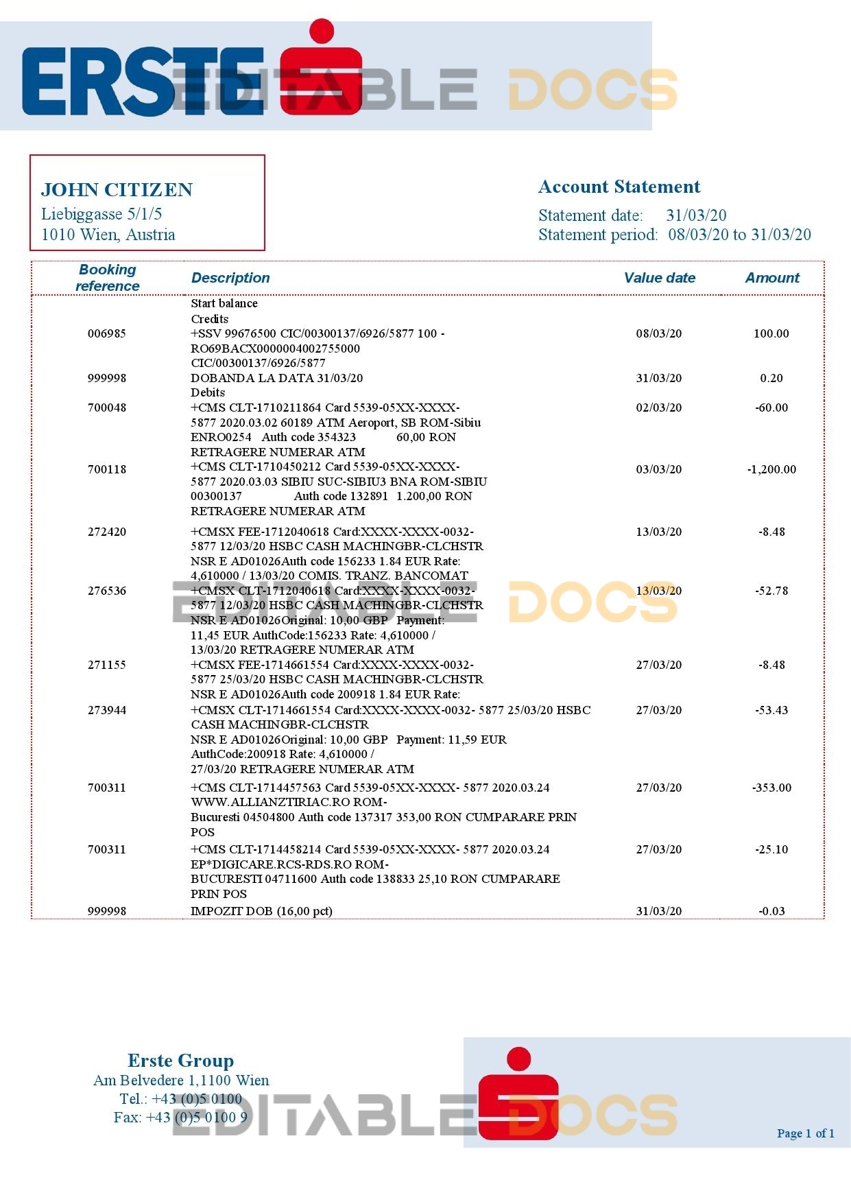 Austria Erste Group bank statement template in Word and PDf format