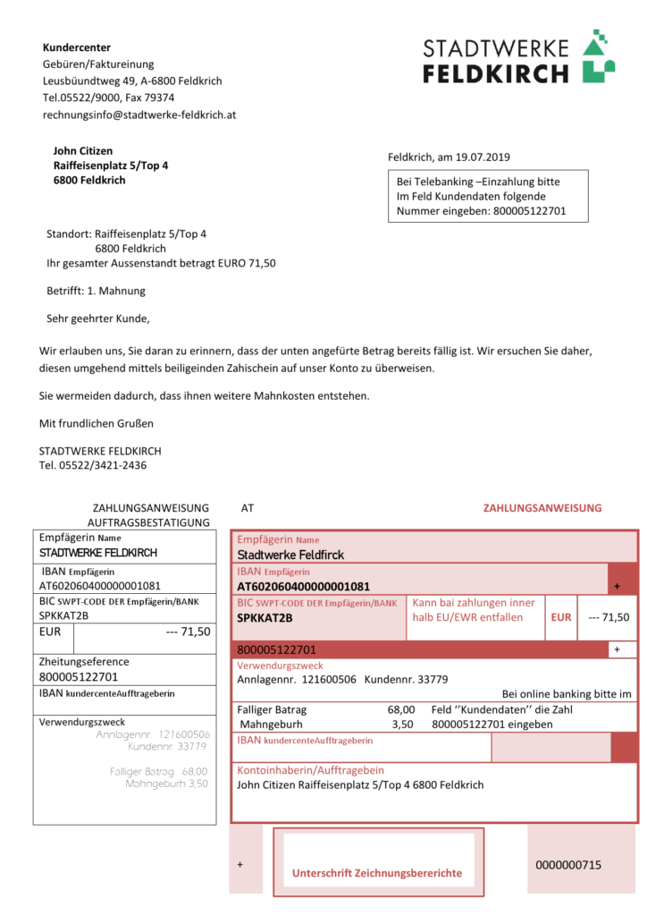 Austria Stadtwerke Feldkirch utility bill template in Word and PDF format