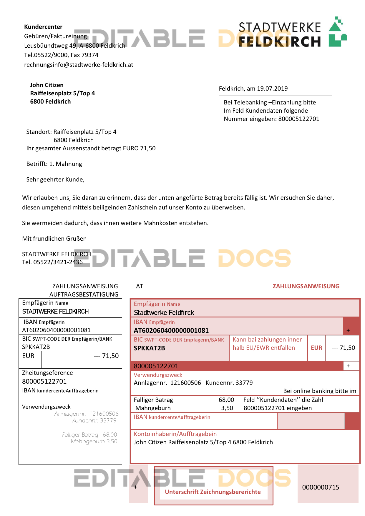 Austria Stadtwerke Feldkirch utility bill template in Word and PDF format