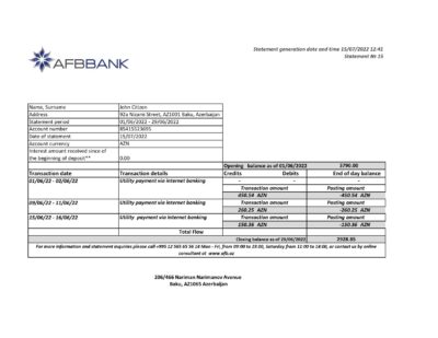 Azerbaijan Afbbank bank statement template in Excel and PDF format
