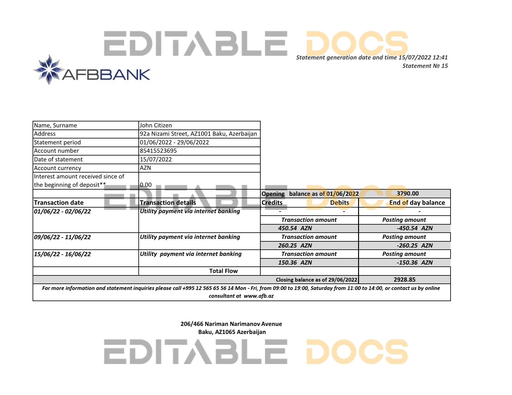 Azerbaijan Afbbank bank statement template in Excel and PDF format