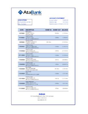 Azerbaijan AtaBank bank statement template in Excel and PDF format
