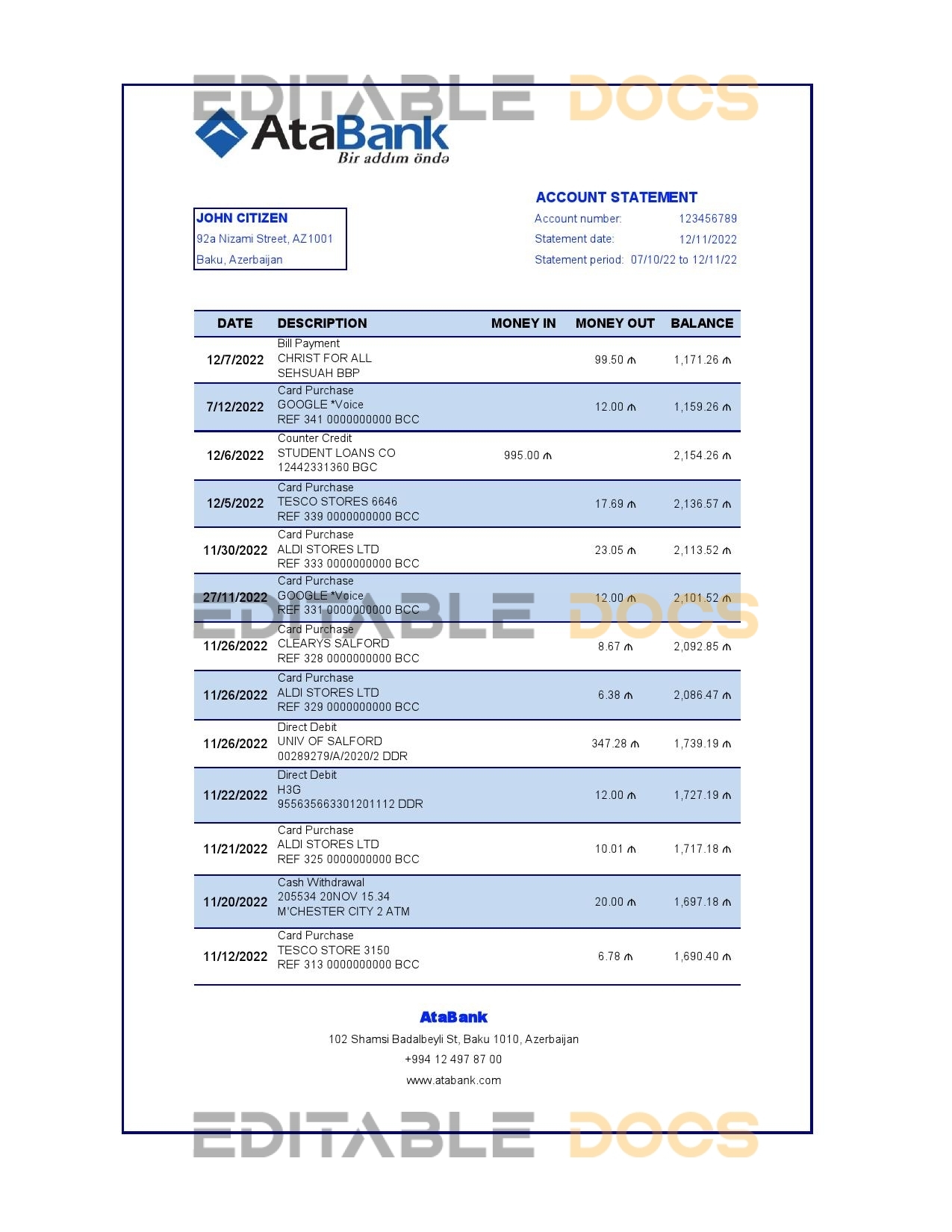 Azerbaijan AtaBank bank statement template in Excel and PDF format