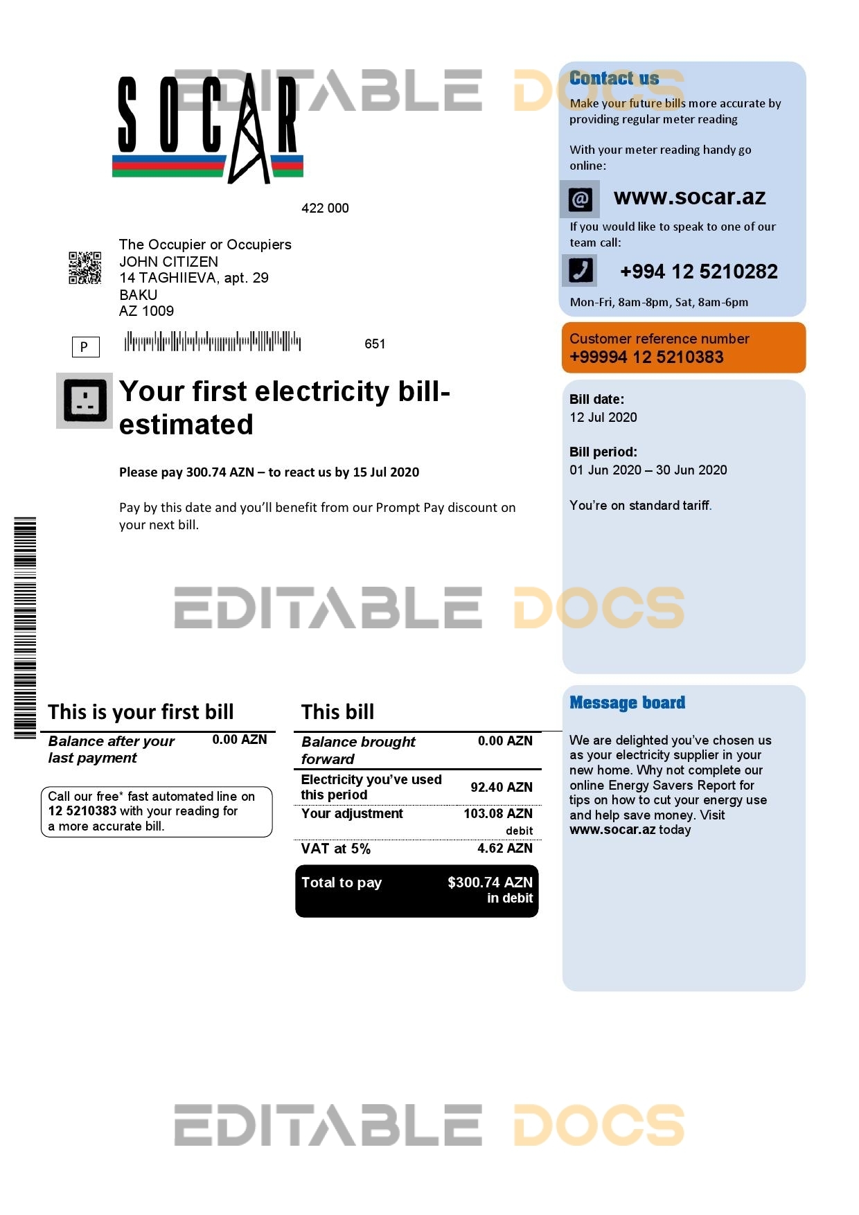 Azerbaijan Socar Gas utility bill template in Word and PDF format