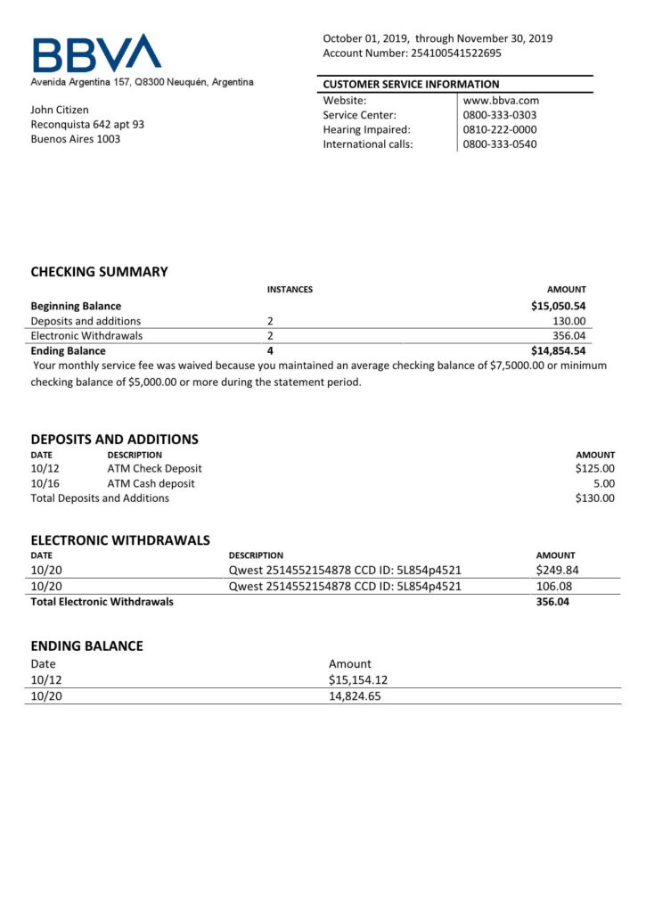 Argentina BBVA proof of address bank statement template in Word and PDF format (.doc and .pdf)