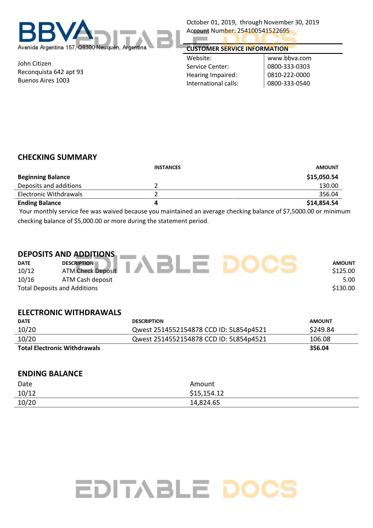 Argentina BBVA proof of address bank statement template in Word and PDF format (.doc and .pdf)