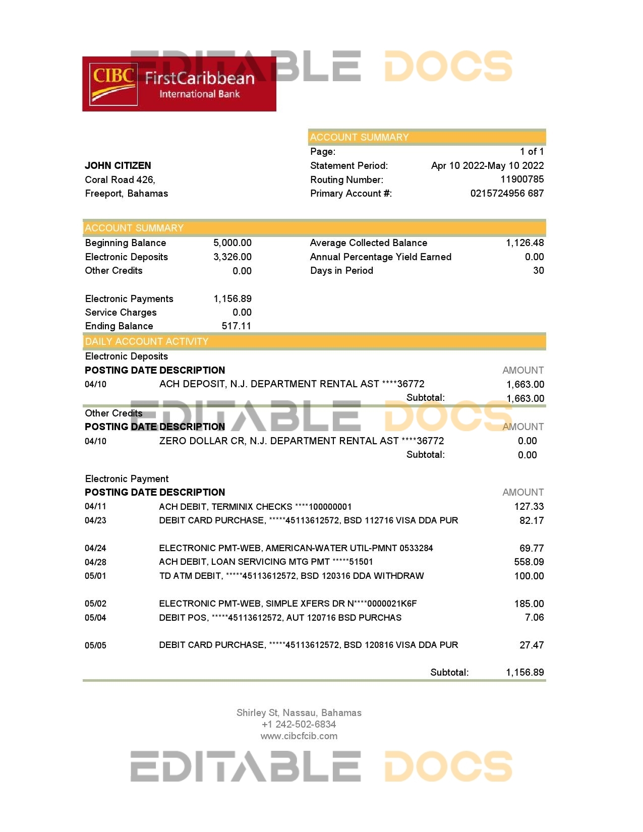 Bahamas FirstCaribbean International Bank statement template in Excel and PDF format