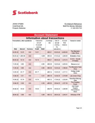 Bahamas Scotiabank bank statement template in Excel and PDF format