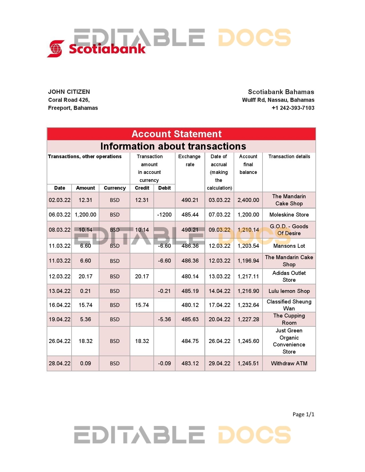 Bahamas Scotiabank bank statement template in Excel and PDF format