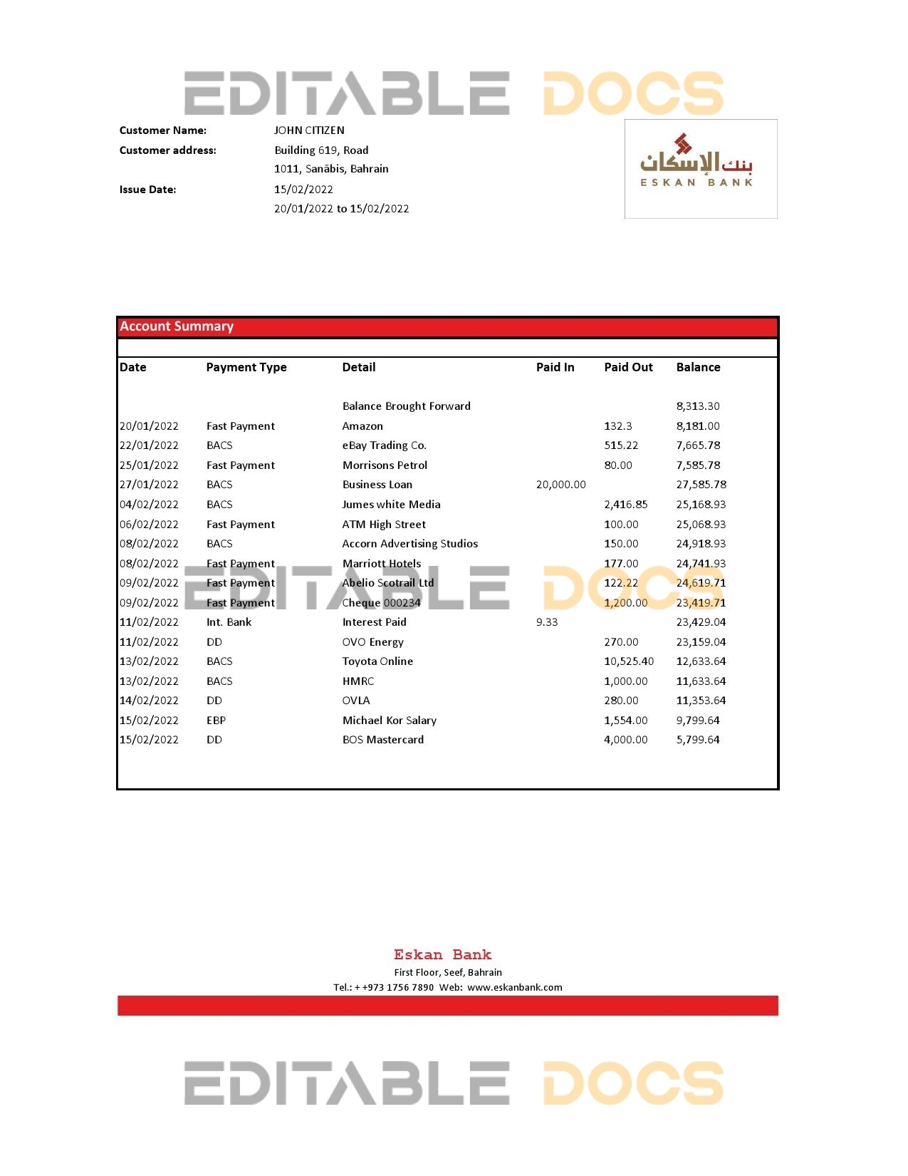 Bahrain Eskan bank statement template in Excel and PDF format