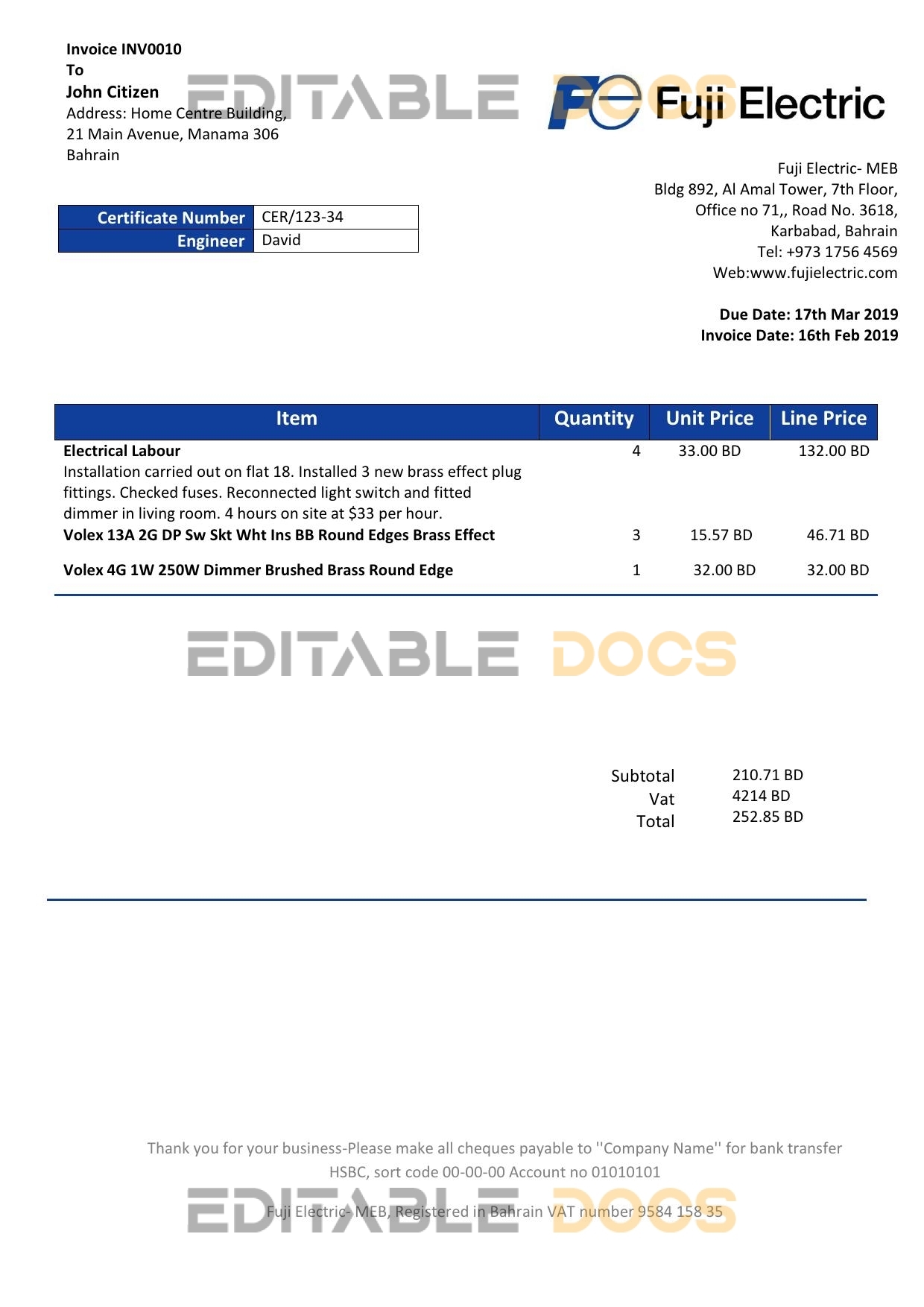 Bahrain Falcon Electrical S.P.C electricity utility bill template in Word and PDF format
