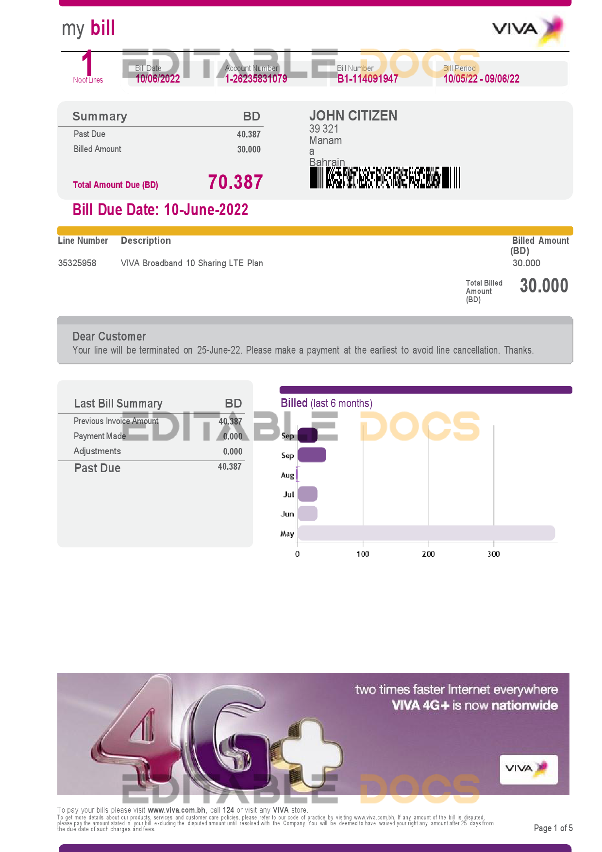 Bahrain Viva my utility bill Word and PDF template, 5 pages