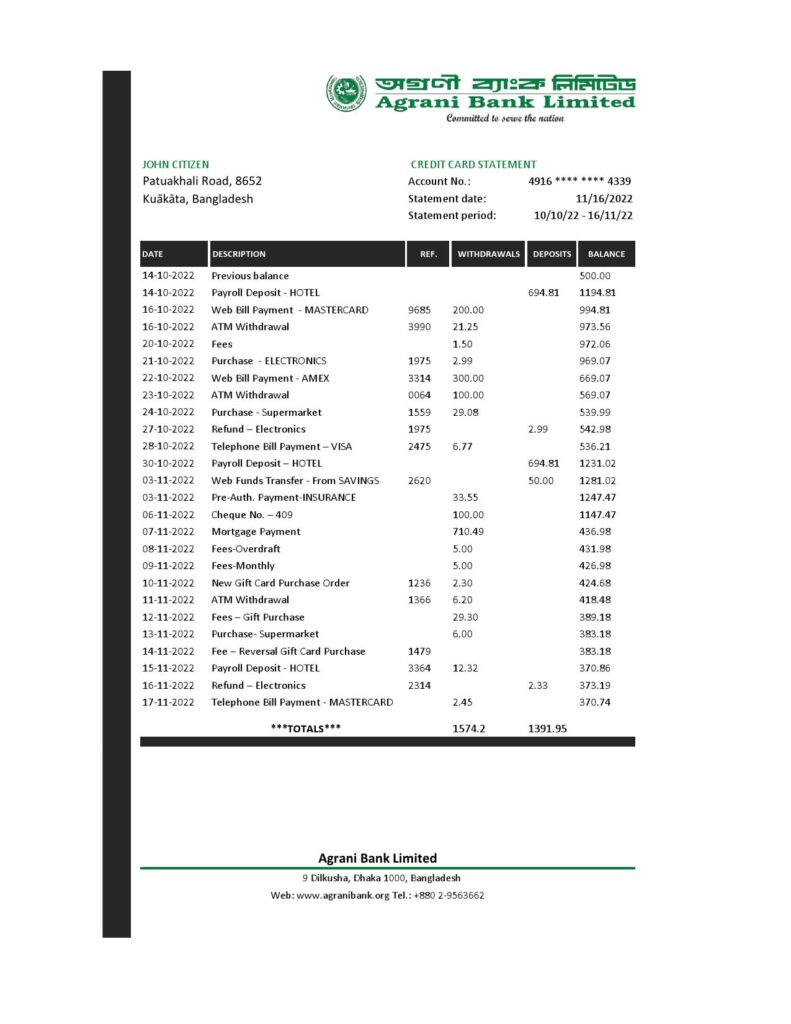 Bangladesh Agrani Bank statement template in Excel and PDF format