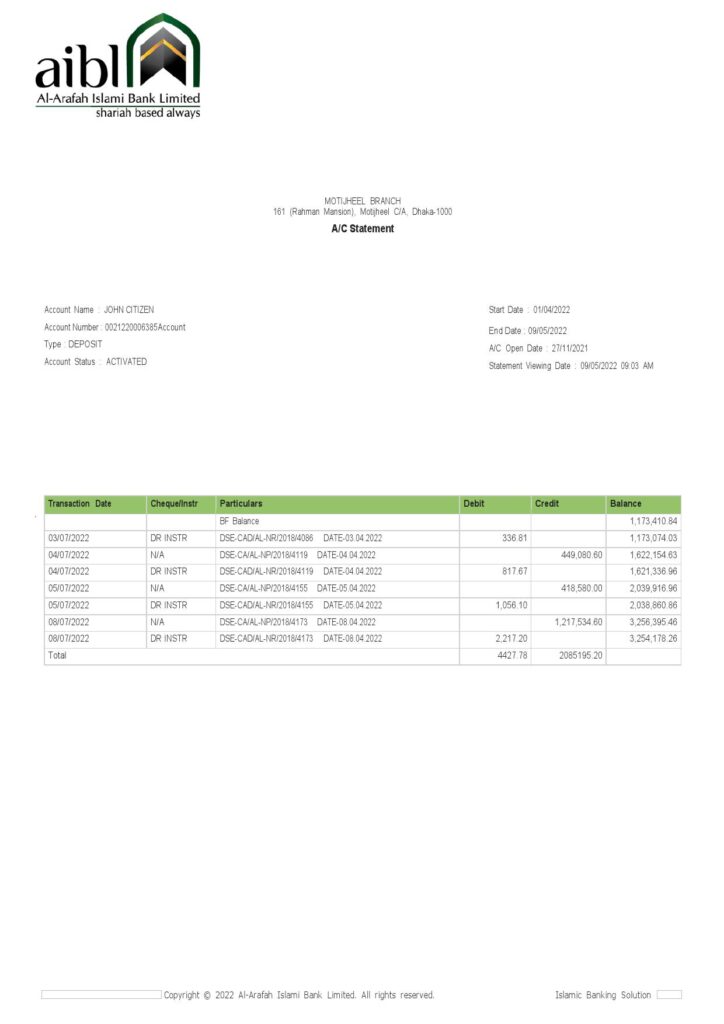 Bangladesh Al-Arafah Islami Bank statement, Word and PDF template
