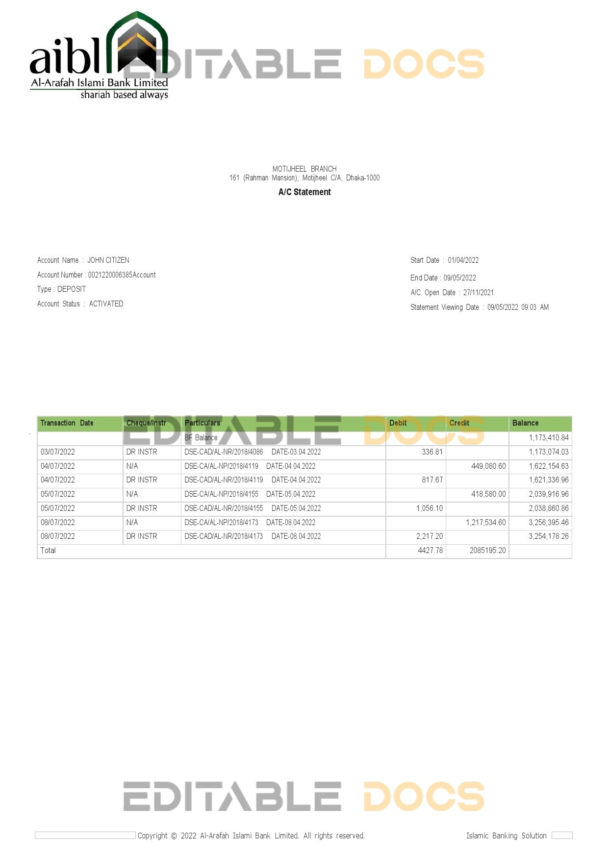Bangladesh Al-Arafah Islami Bank statement, Word and PDF template
