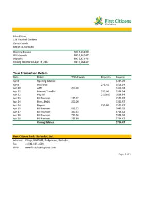 Barbados First Citizens bank statement template in Excel and PDF format