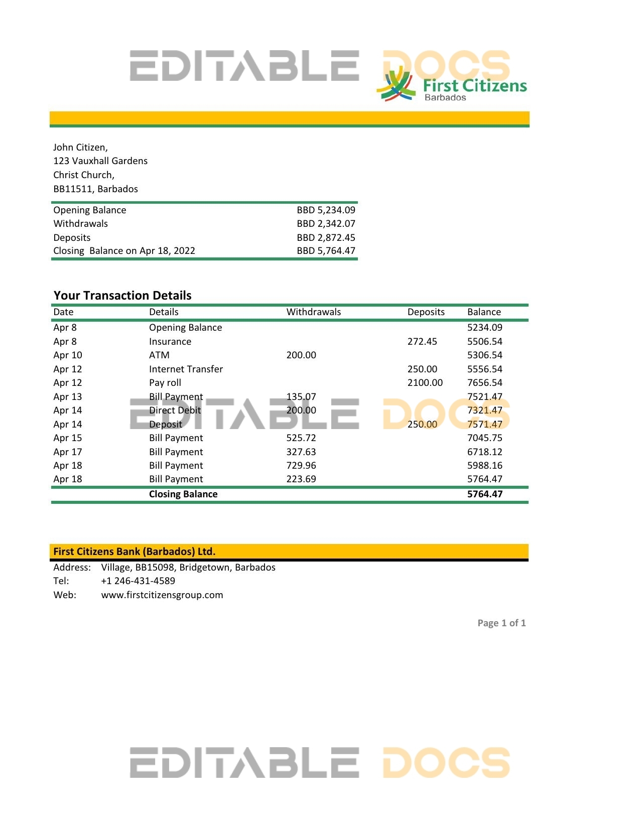 Barbados First Citizens bank statement template in Excel and PDF format