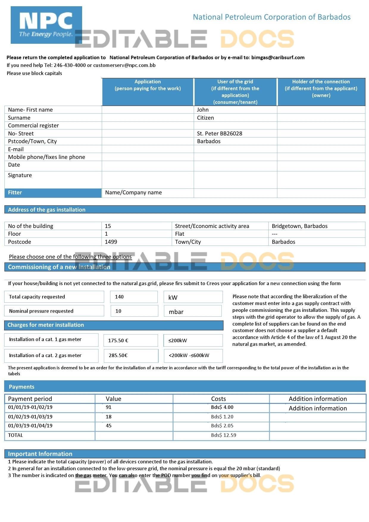 Barbados National Petroleum Corporation of Barbados gas utility bill template in Word and PDF format