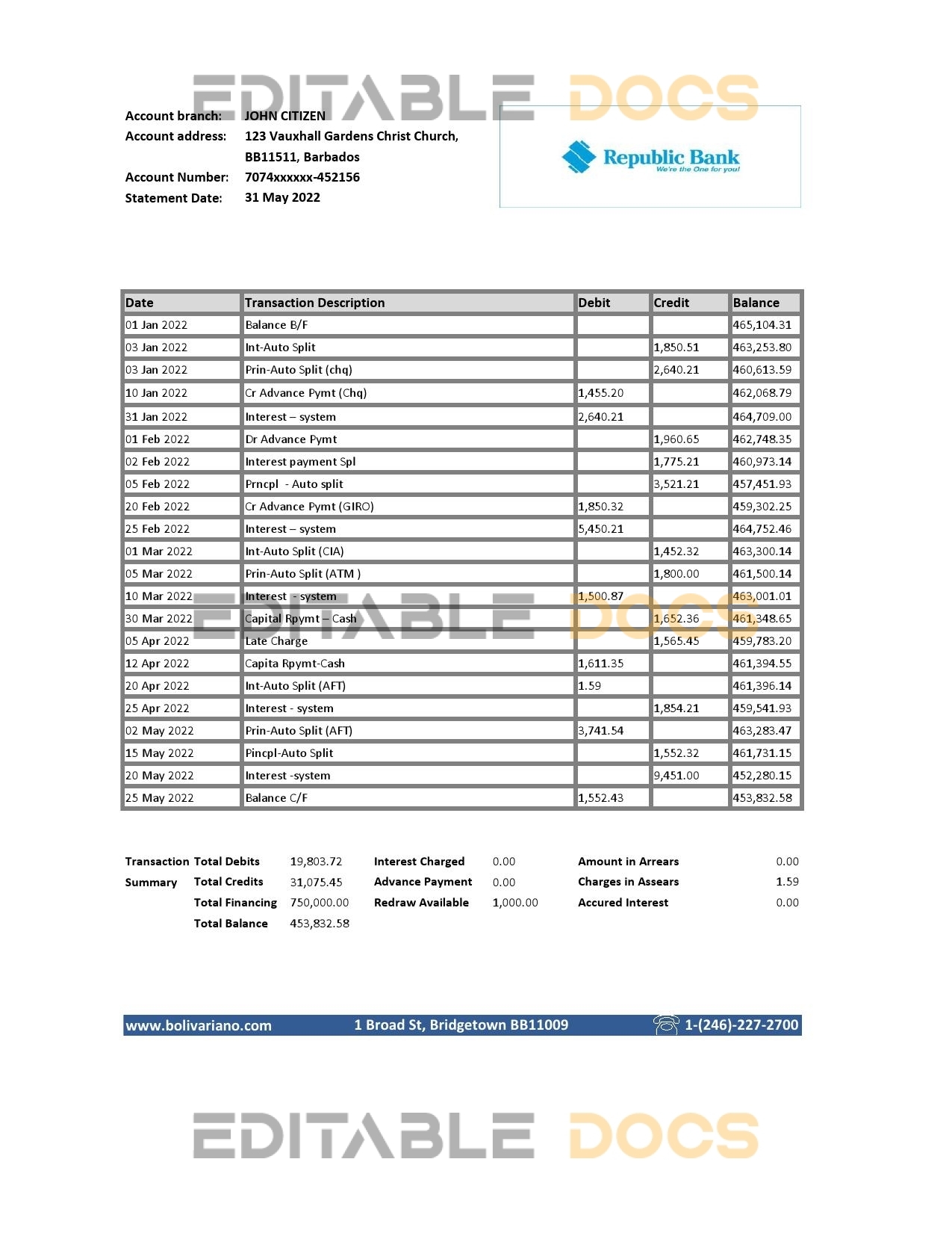 Barbados Republic Bank statement template in Excel and PDF format