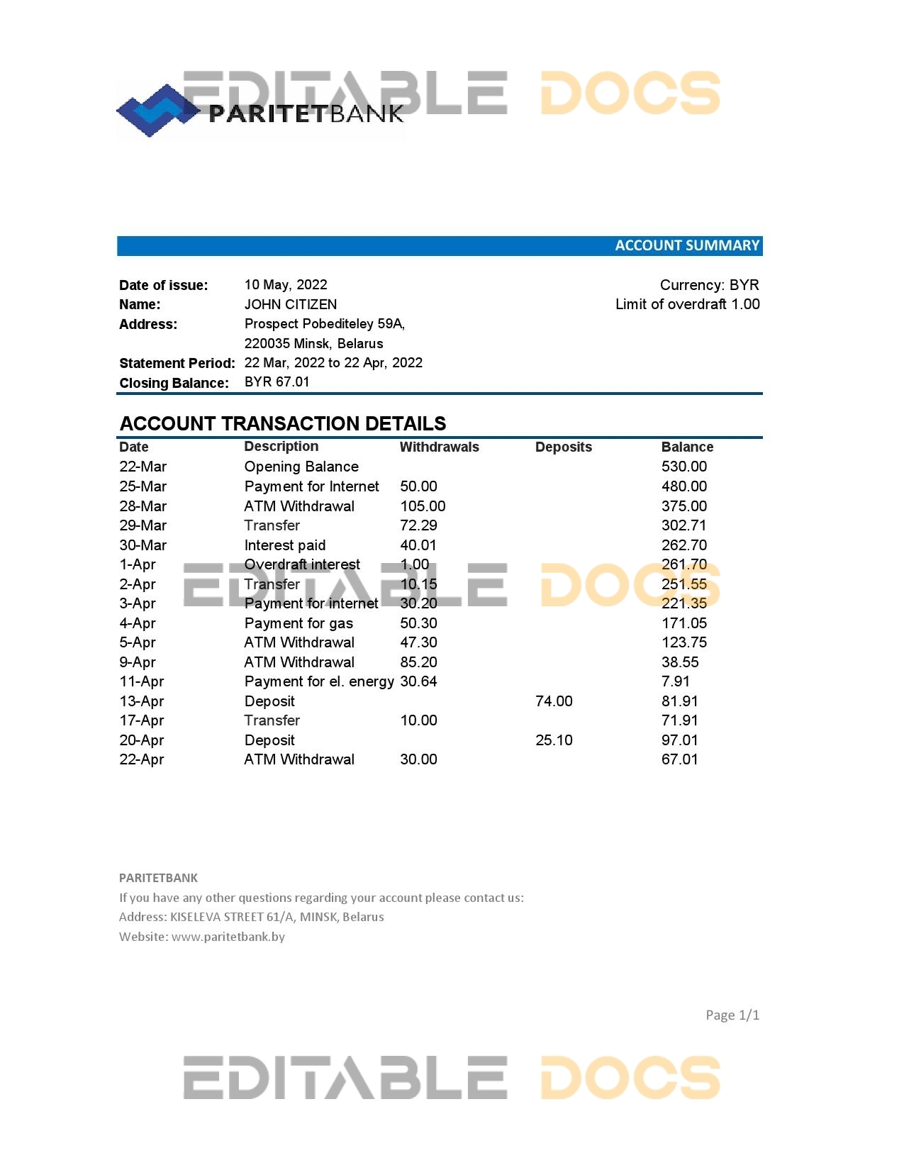 Belarus Paritet bank statement template in Excel and PDF format