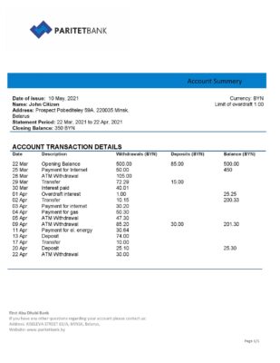 Belarus Paritet bank statement template in Word and PDF format