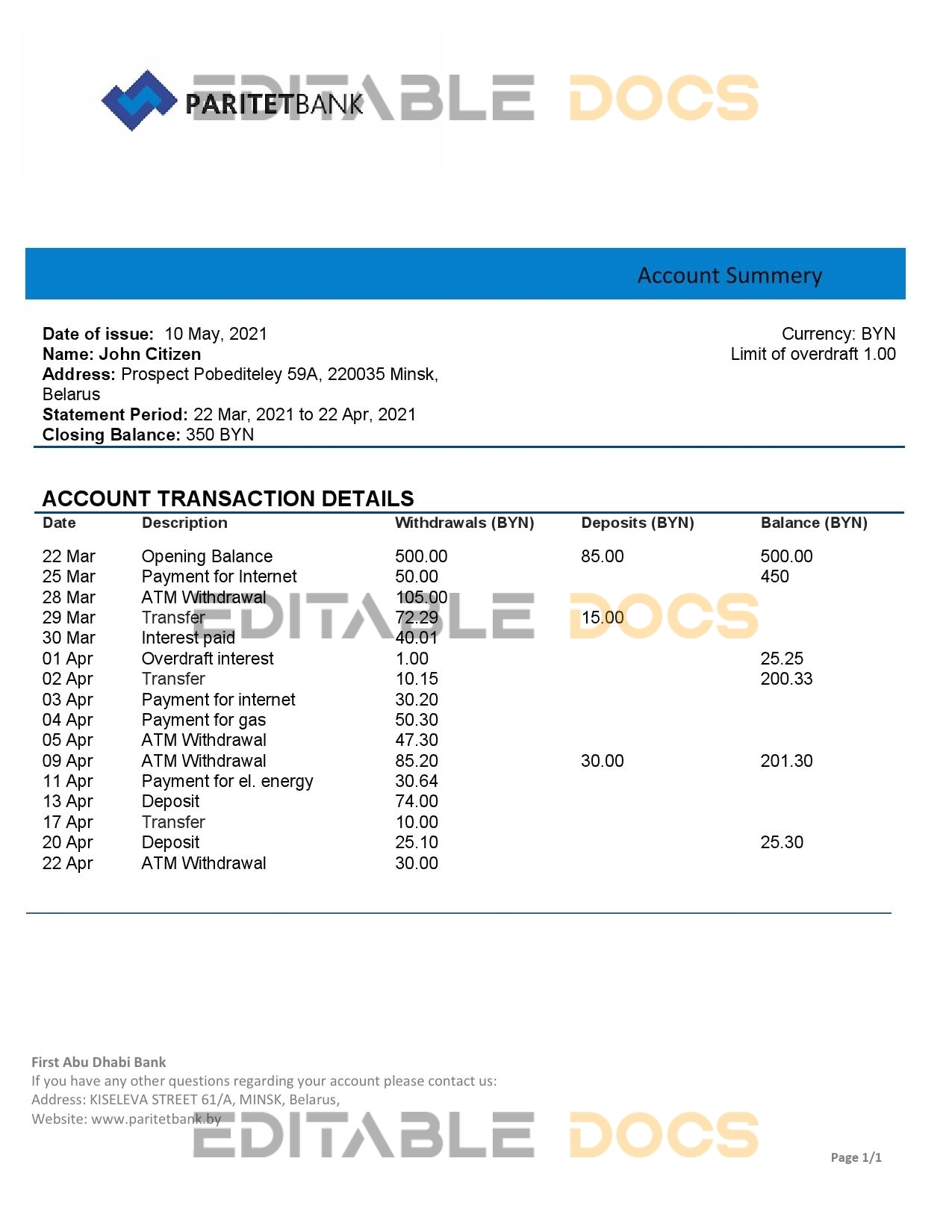 Belarus Paritet bank statement template in Word and PDF format