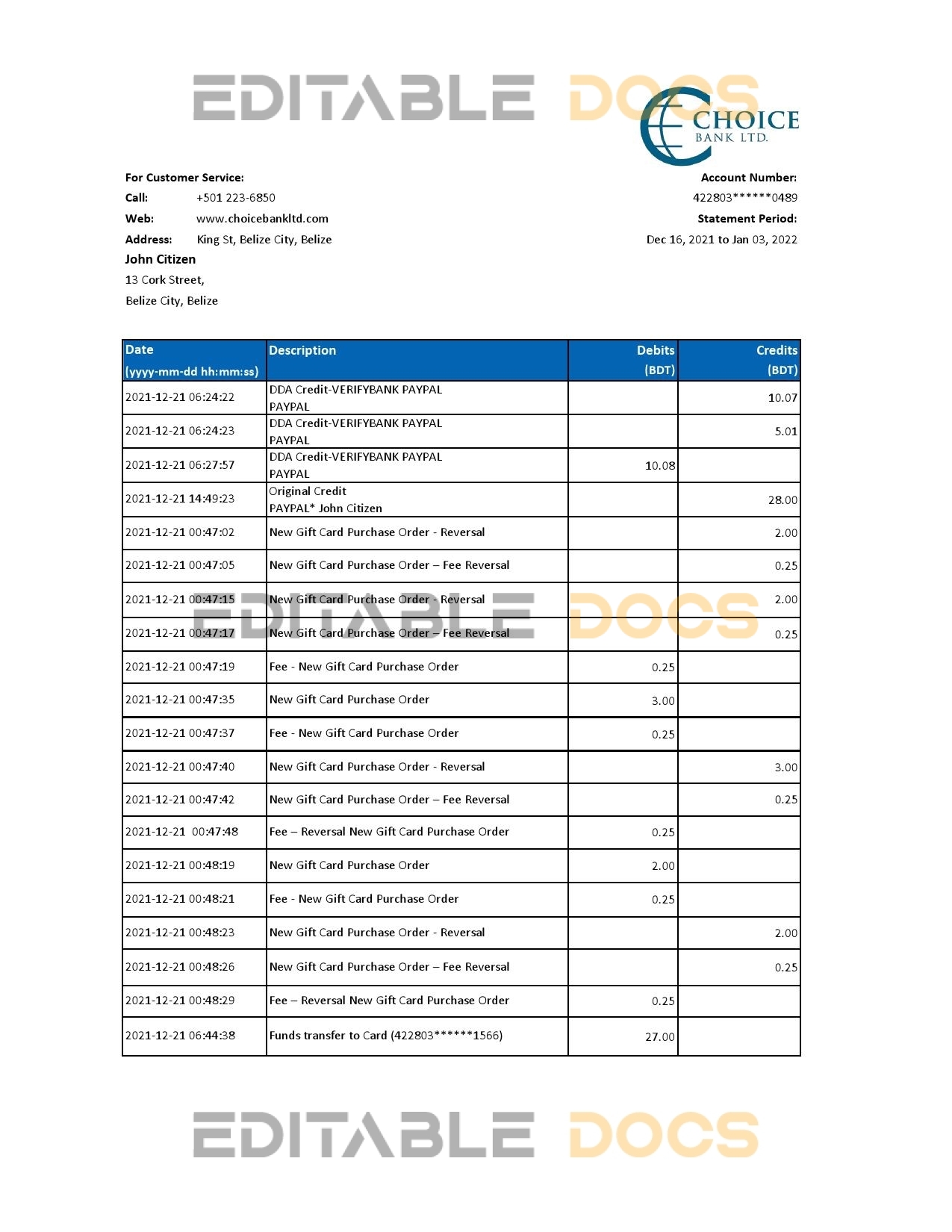 Belize Choice Bank statement template in Excel and PDF format