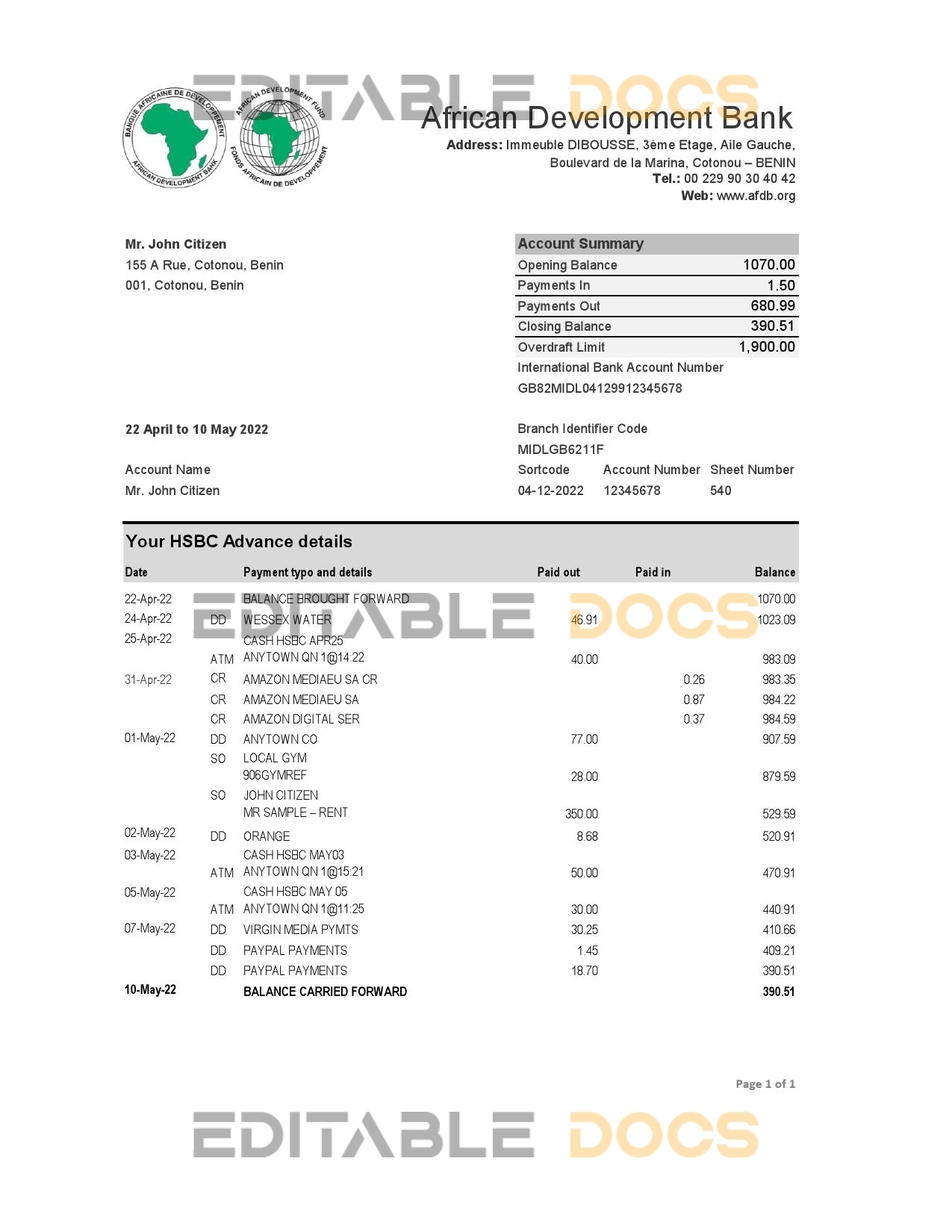 Benin African Development Bank statement template in Excel and PDF format