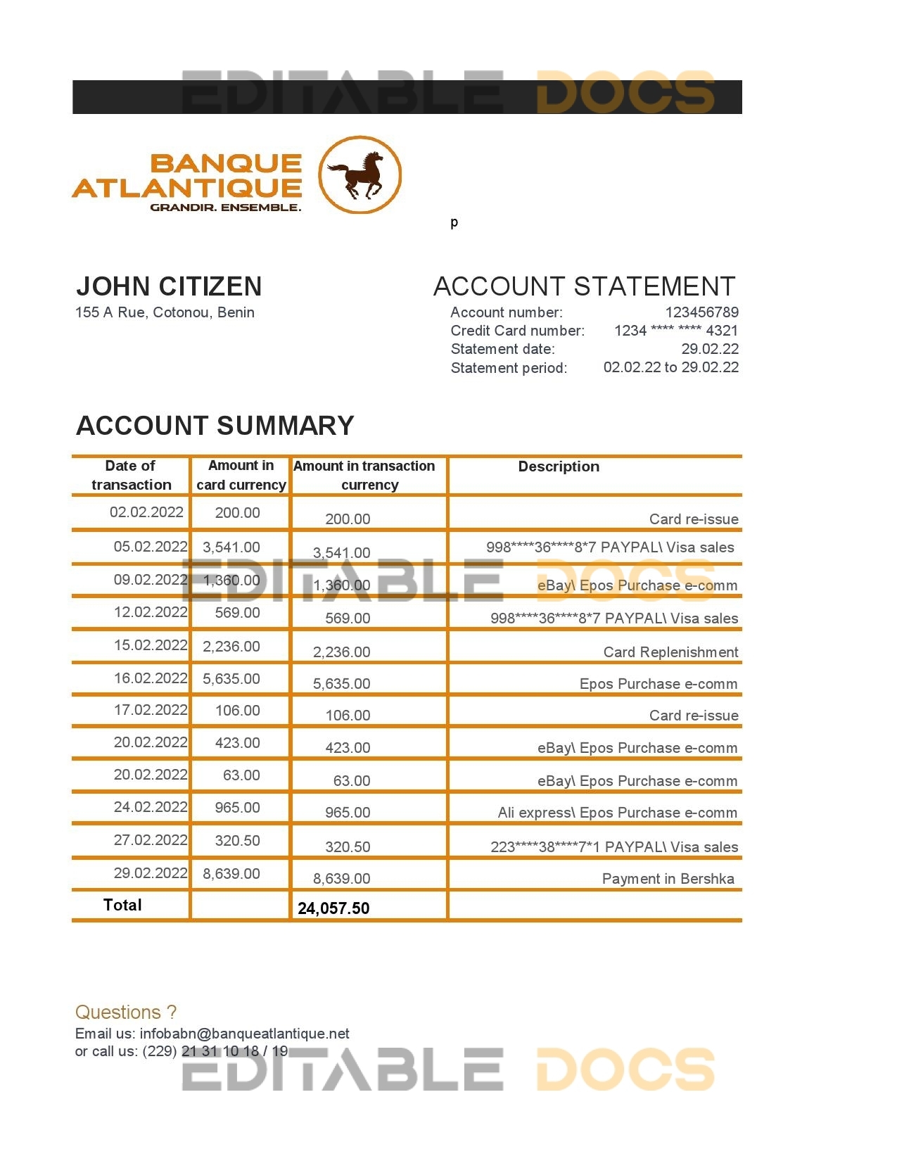 Benin Banque Atlantique bank statement template in Excel and PDF format