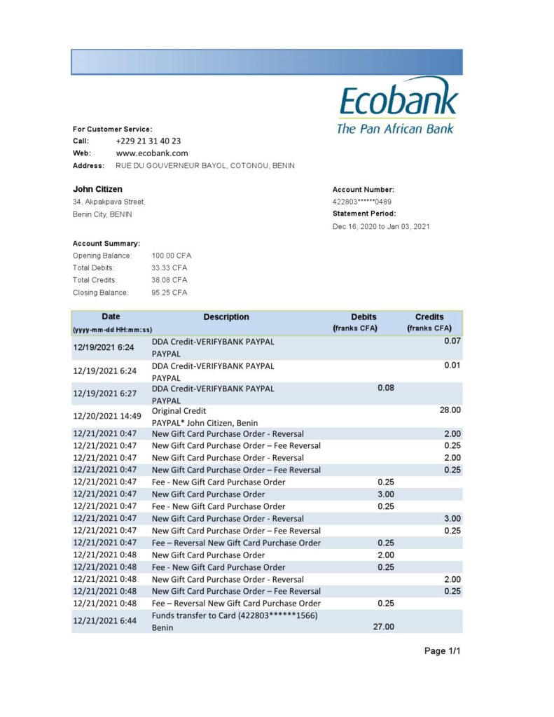 Benin Ecobank bank statement easy to fill template in .xls and .pdf file format