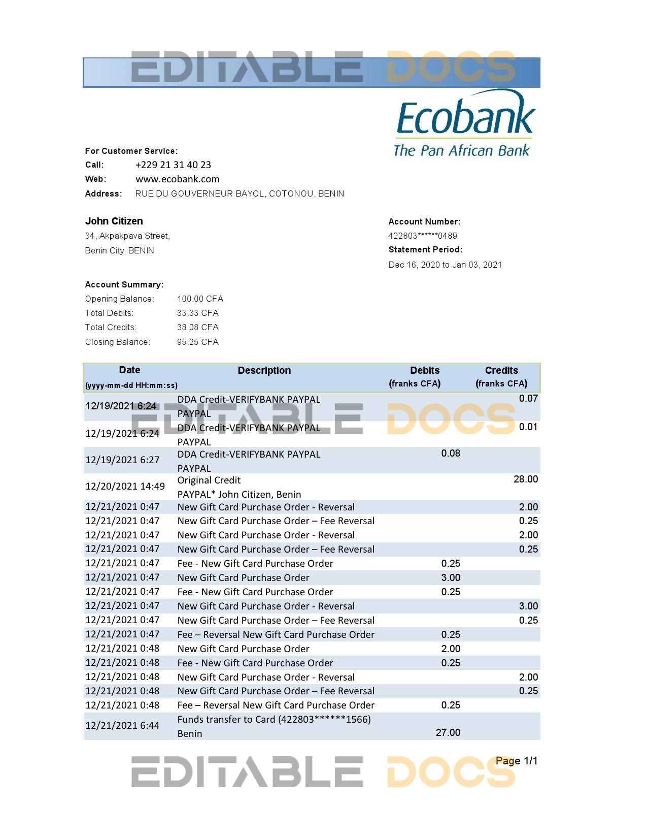 Benin Ecobank bank statement easy to fill template in .xls and .pdf file format