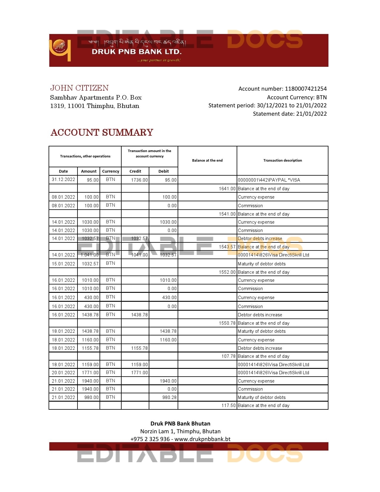 Bhutan Druk PNB bank statement template in Excel and PDF format (autosum)
