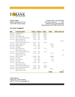 Bhutan T Bank Statement template in Excel and PDF format