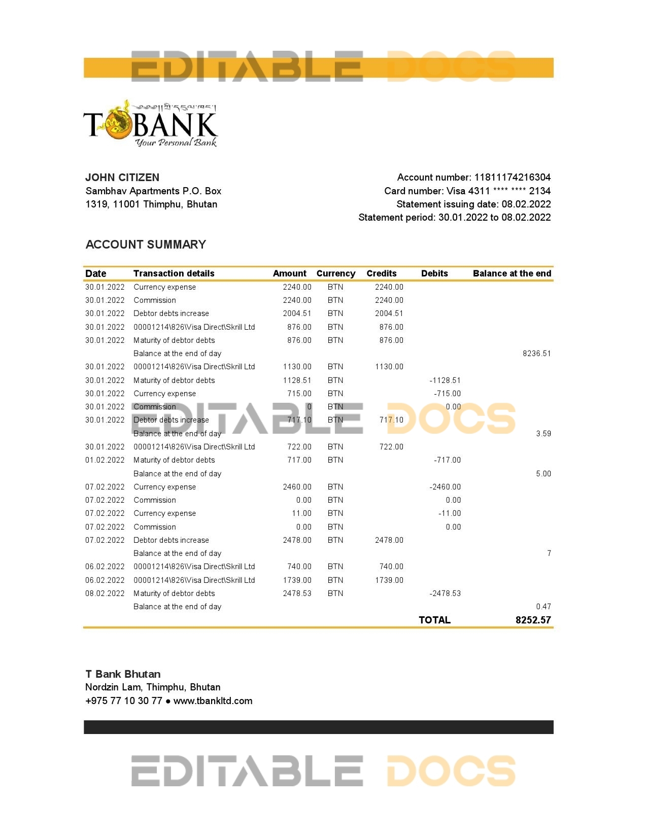 Bhutan T Bank Statement template in Excel and PDF format