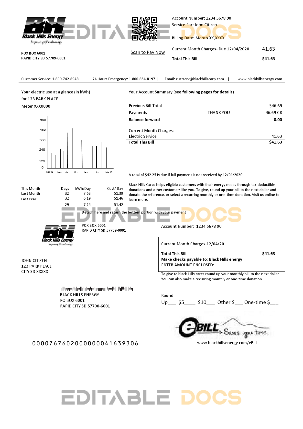 USA South Dakota Black Hills Energy utility bill template in Word and PDF format