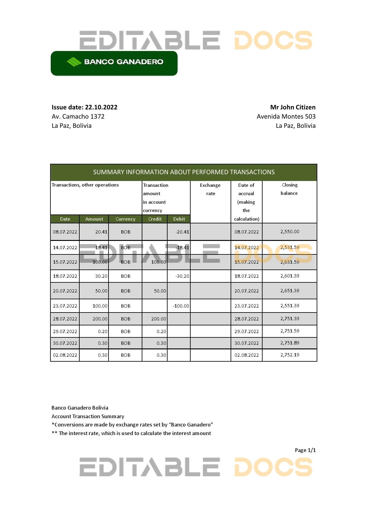 Bolivia Banco Ganadero bank statement template in Excel and PDF format