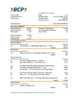 Bolivia Banco de Crédito de Bolivia bank statement template in Excel and PDF format
