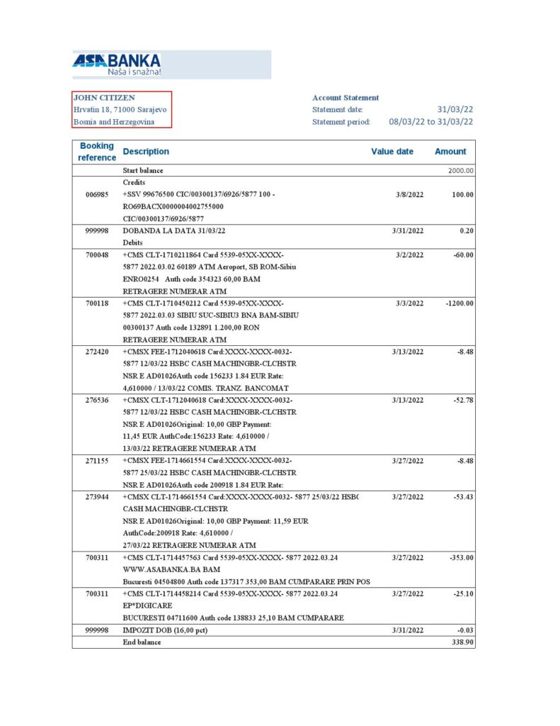 Bosnia and Herzegovina ASA Banka bank statement template in Excel and PDF format