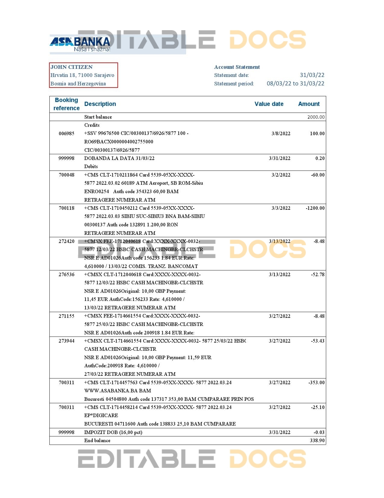 Bosnia and Herzegovina ASA Banka bank statement template in Excel and PDF format