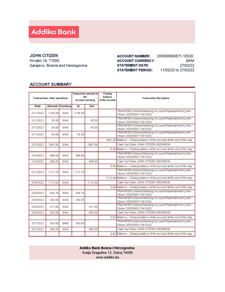 Bosnia and Herzegovina Addiko Bank statement template in Excel and PDF format (autosum)