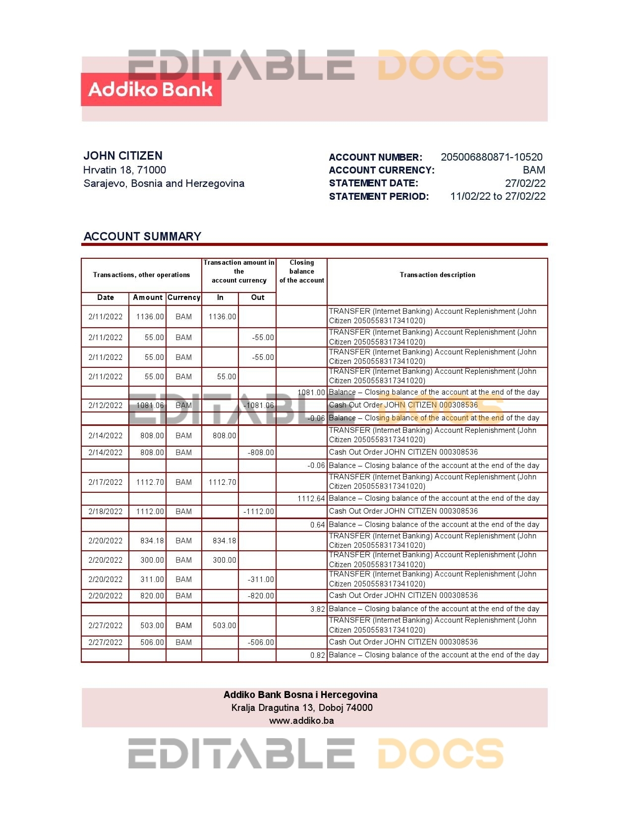 Bosnia and Herzegovina Addiko Bank statement template in Excel and PDF format (autosum)
